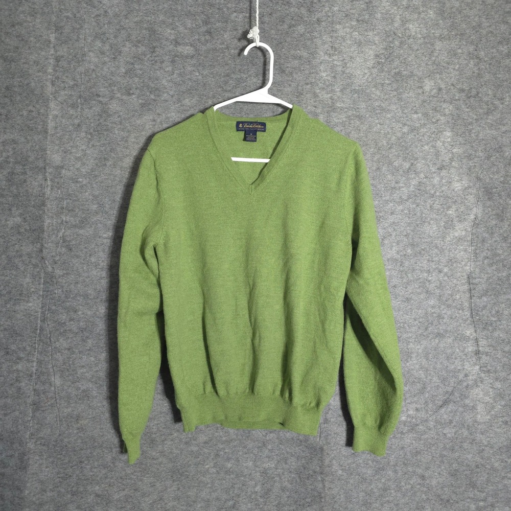 Brooks Brothers V-Neck Sweater Mens M Green Merino Wool Blend Italian Yarn Solid